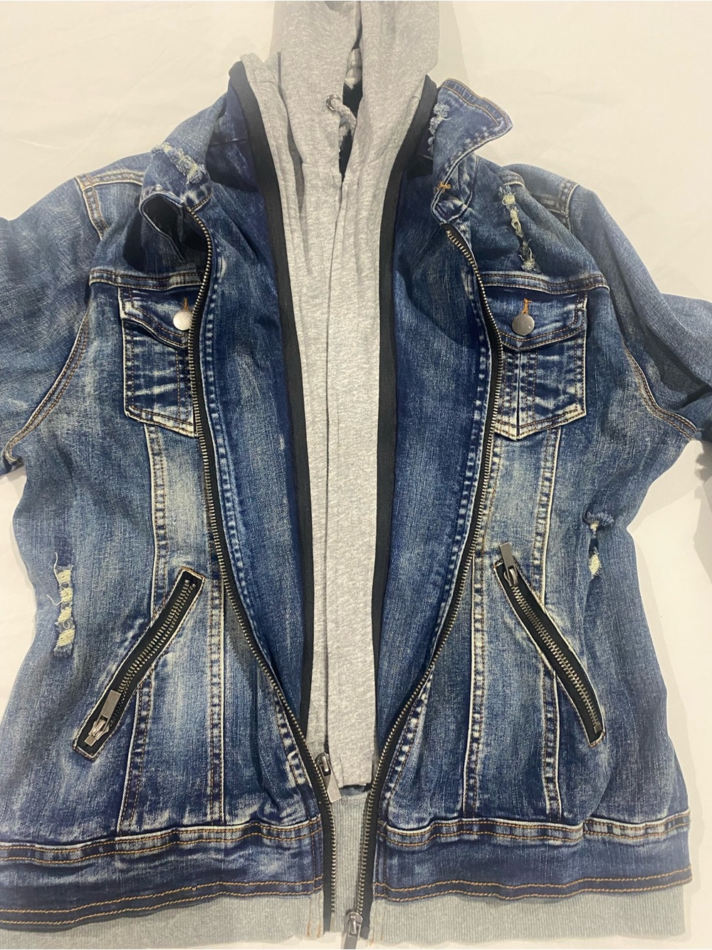 Magnolia Blue Distressed Denim Jacket with Gray Hood